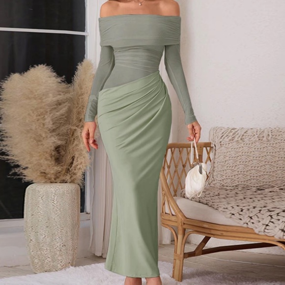 Dresses & Skirts - Elegant Off-Shoulder Sage Green Dress